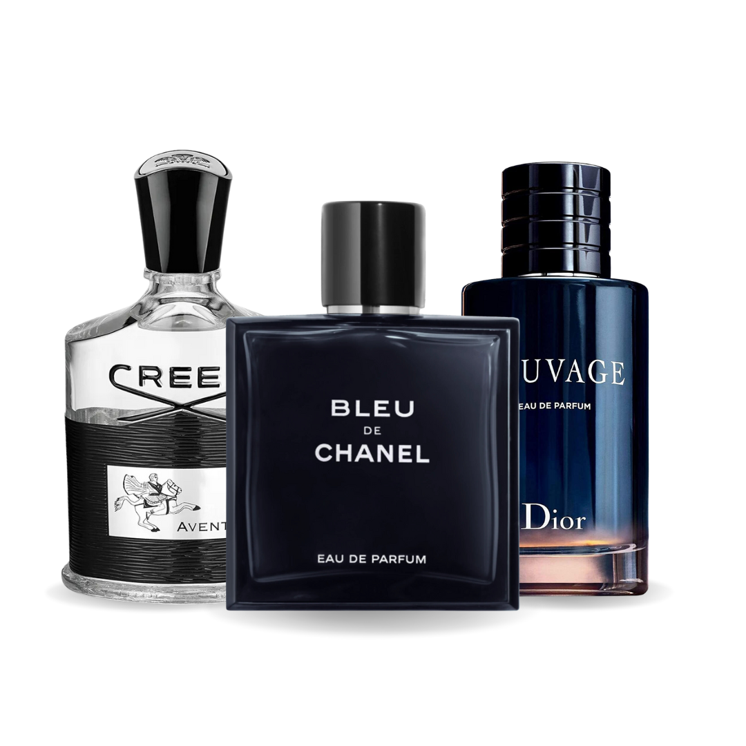 Set mit 3 Parfums: Creed Aventus, Bleu de Chanel und Dior Sauvage – je 100 ml