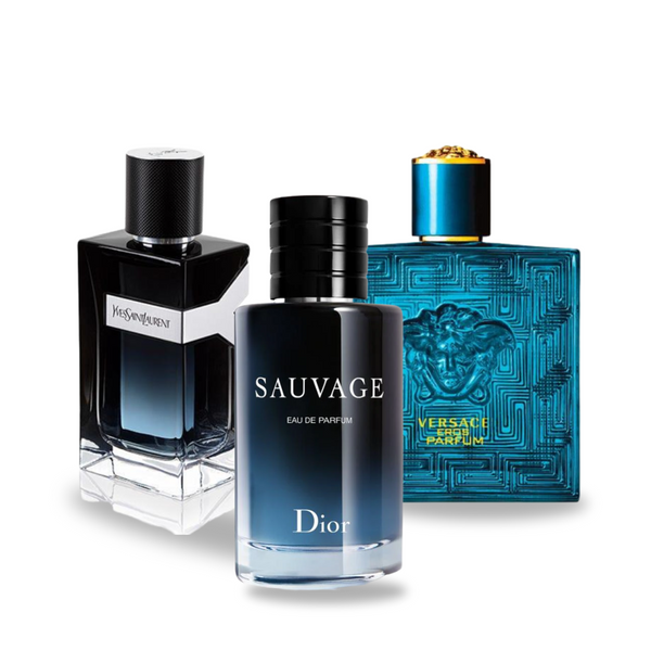 Set mit 3 Parfums: Dior Sauvage, Yves Saint Laurent Y Men und Versace Eros, je 100 ml