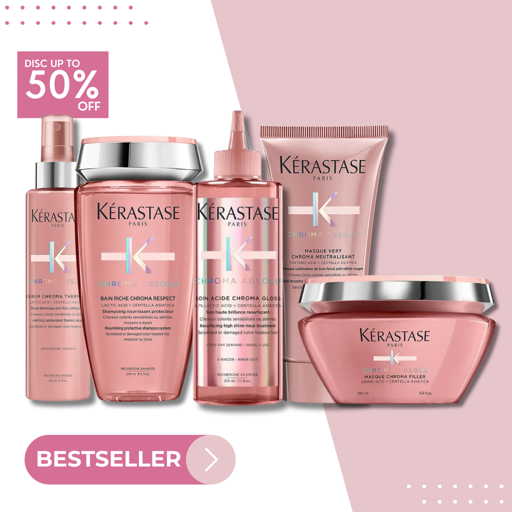 5er-Set Kérastase Chroma Absolu: Soin Acide Chroma Gloss + Bain Riche Chroma Respect + Masque Chroma Filler + Chroma Absolu Thermique + Masque Vert Chroma Neutralisant